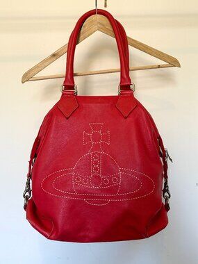 Vivienne Westwood Style Red Leather Saturn Large Tote Bag Made in Japan